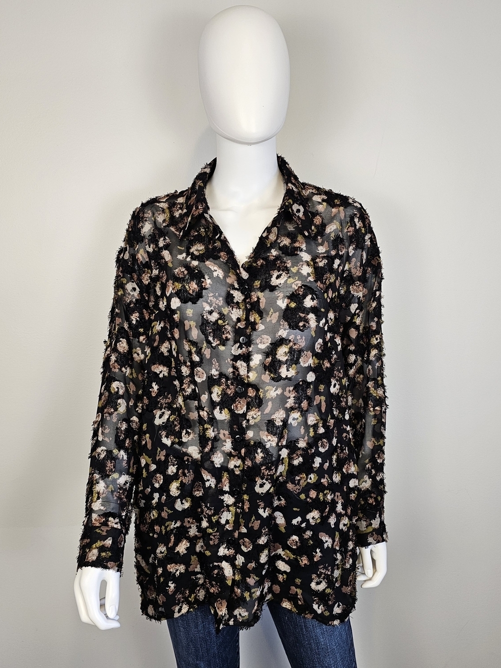 Molly Bracken Black Brown Frilly Long Sleeve Collared Button Up w/ Pockets Sz L